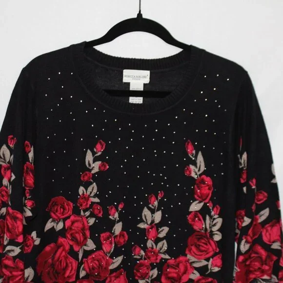 Rebecca Malone Woman Red and Tan Roses on a Black Crew Neck Sweater - Picture 8 of 14